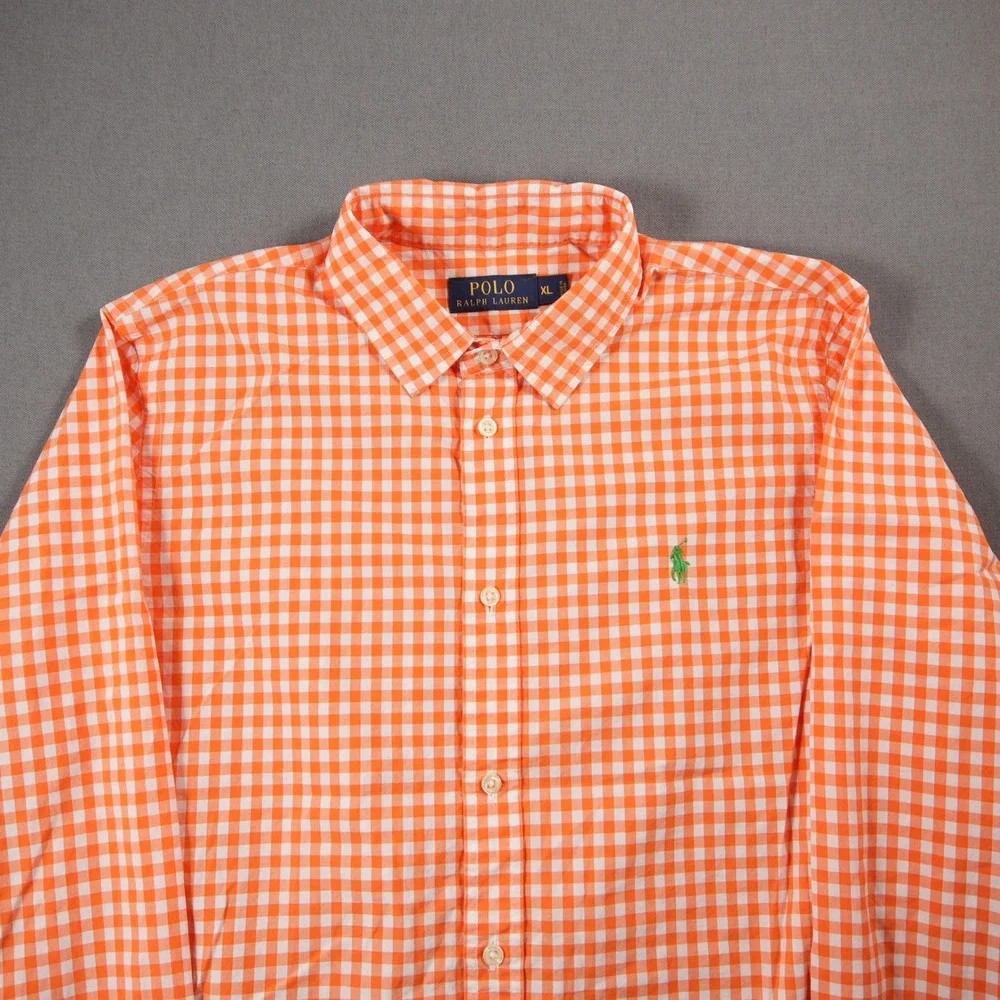 Youth Polo Ralph Lauren Gingham Plaid Long Vacation Costal Orange Shirt XL